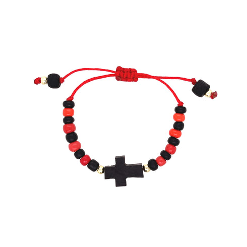 The Genuine Azabache Bracelet for Baby, featuring an adjustable red cord with alternating black and red beads, provides spiritual protection. A striking black cross-shaped bead is at the center, while small black beads elegantly finish the ends, making it ideal for safeguarding little ones.